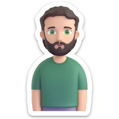 white man with dark messy short hair, dark green eyes, gray t-shirt, and short beard sticker