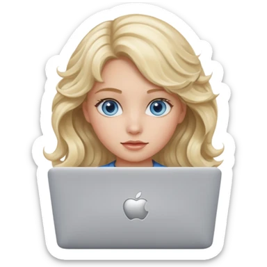 blond girl, blue eyes, hair wavy, , behind her silver colored laptop from apple sticker