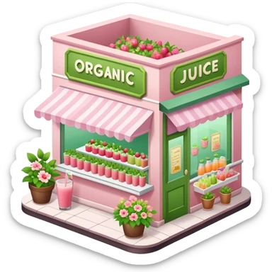 Organic juice shop, light pink and green and decorated with lots of florals, isometric sticker