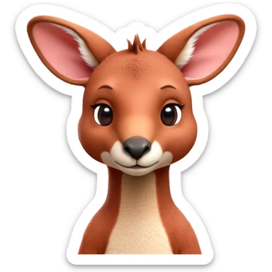 Cinematic Cute Adult Red Kangaroo Portrait Emoji, Head tilted playfully and inquisitively, showcasing a charming, robust build with soft reddish fur and a uniquely red kangaroo-like head featuring a gentle, elongated snout and rounded ears, with large, sparkling eyes full of wonder, Simplified yet irresistibly adorable features, highly detailed, glowing with a warm, friendly glow, high shine, affectionate and lively, stylized with a touch of outback whimsy, soft glowing outline, capturing the essence of a mischievous yet loving kangaroo that seems as if it could hop out of the screen into your arms! sticker