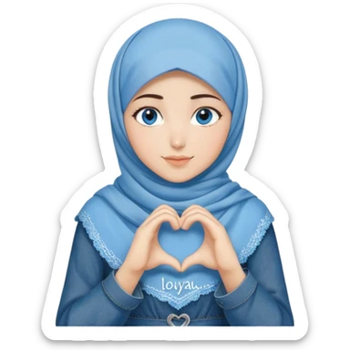 Turkish beautiful finish Konya girl blue eyes with denim hijab islamic dress and making heart with hands and with thank you text sticker