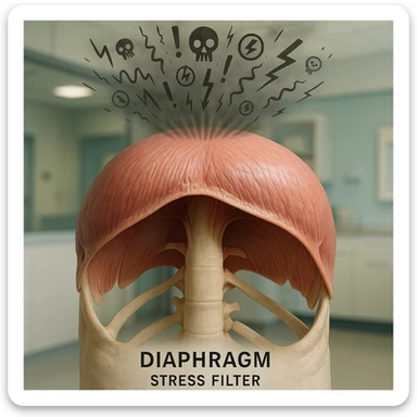 hyper realistic human diaphragm as a stress filter, anatomical details, diaphragm blocking or filtering stress waves or symbols coming from above, clinical atmosphere, natural colors, modern medical environment sticker