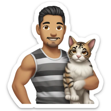  Asian Pilipino man with a few freckles and big muscular calves, a beard and man-bun hair style holding a kitty cat that is grey and black with tiger stripes  sticker