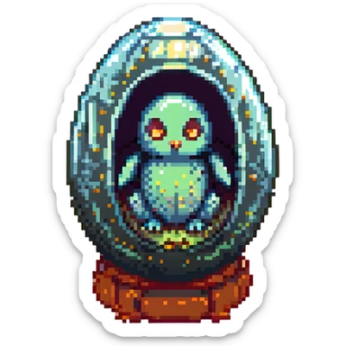a tiny fetal shape inside of a large glass egg, alien embryo, eerie, tiny glowing eyes sticker