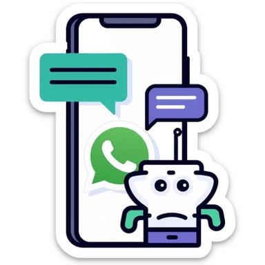 iPhone displaying WhatsApp interface with chat bubbles and a robot icon representing AI bot conversation sticker
