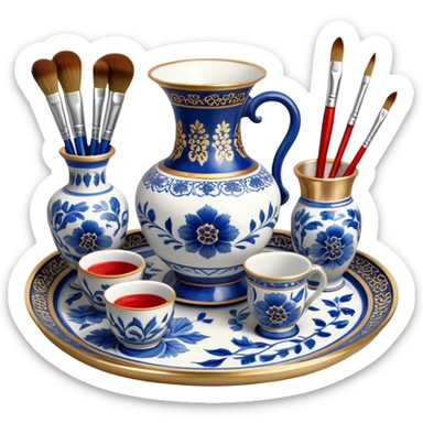 Metal painting icon, a metal vase, tray and metal cup with brushes, each decorated with different techniques: Gzhel-style blue floral patterns, Chinese red and gold designs, and intricate Golden embroidery-style details. Visible fine paintbrush, paint pots, and accessories like porcelain palette, minimalistic style, clean lines, transparent background. sticker