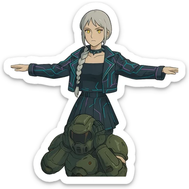  young woman with gold yellow eyes, white hair, long braid, black off-shoulder top, punk gothic style, futuristic cyberwave cyberpunk,, she is calmly t-posing above a cowering doomguy sticker