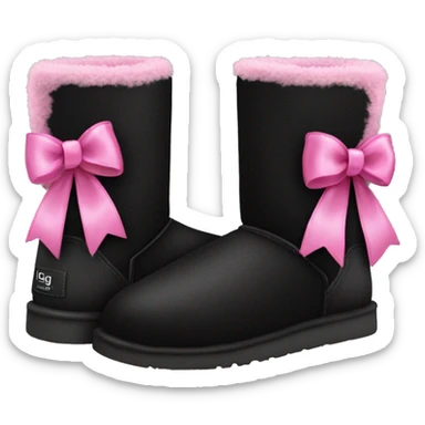 Realistic black Ugg fur boots with pink ribbon bows and stitching isolated.  sticker