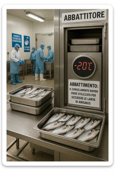 a fish processing facility where freshly caught fish are placed on trays and moved into a large industrial freezer. A temperature gauge shows -20°C, and an educational label explains that rapid freezing (abbattimento) is used to kill Anisakis larvae. The background includes workers in protective clothing and clear signage about food safety. in italiano sticker