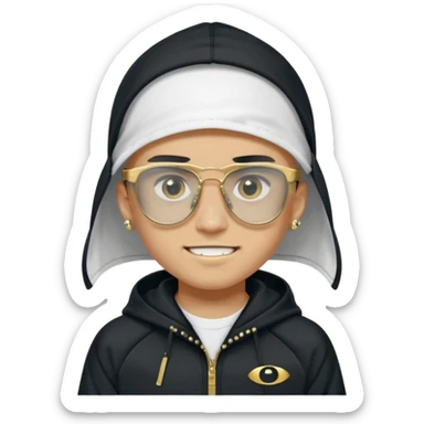 un emoji de un chico emcapuchado blanco, dientes de oro, com uma chaqueta negra nike tech y unas gafas de oakley, con pendientes de diamante, que las gafas sean estilo cuadradas, los pendientes q no se cuelguen, que sean redondos, en las dos cejas un corte, que las gafas no sean circulares sticker