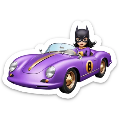 Adult tight purple suit wearing BatGirl driving her satin-black and rose-gold 1955 Porsche 550 Spyder too fast in the country, despite the rainy conditions making the tires slippery, sliding sideways with her black hair fluttering in the wind sticker