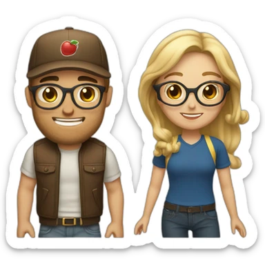 A Women with brown hair and glasses in Love with a blond Man with gold glasses and a baseballcap sticker