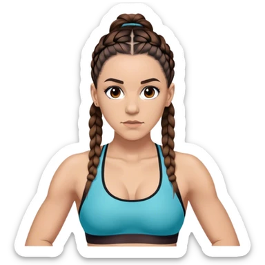 Melanie chisholm with two dark brown french braids parted down the middle, wearing a sports bra sticker