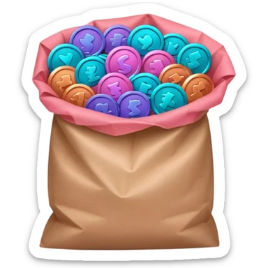 coins in gradient of turquoise, blue, pink, purple, and coral color inside a brown bag sticker