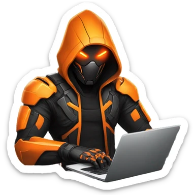  developer behind his laptop with this style : crysis Cyberpunk Valorant orange glowing bright orange character orange black hooded assassin themed character sticker