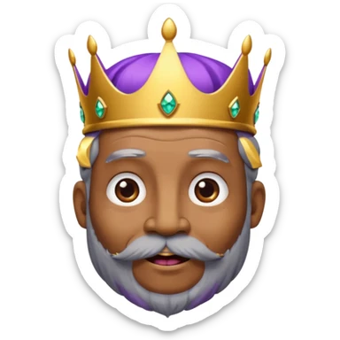 Create a cartoon-style emoji of Baltasar, one of the Three Wise Men. Only show his face and crown. He is older, with a black beard showing streaks of gray, joyful wrinkles, and a purple and gold jeweled crown. Express warmth and wisdom. Colorful and simple, suitable as an emoji. sticker