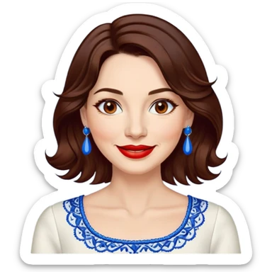Woman in her 40s with clear skin, round face, wide friendly smile, big light brown eyes, vibrant red lipstick, shoulder-length wavy dark brown hair, white top with blue embroidery and electric blue neckline, mature elegant look sticker