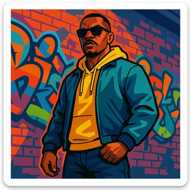 GTA5 style character, tough streetwear, confident pose, urban graffiti background, vibrant toon style sticker