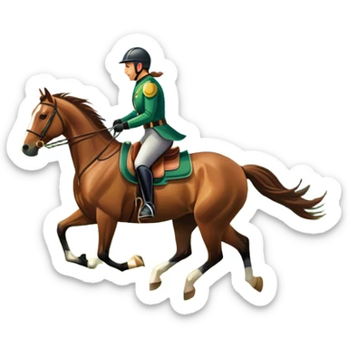 An icon featuring a horse and rider galloping gracefully over a lush green field. The rider is in full gear, guiding the horse with precision. The background shows rolling hills, a clear blue sky, and vibrant sunlight illuminating the scene. Transparent background highlights the elegance sticker