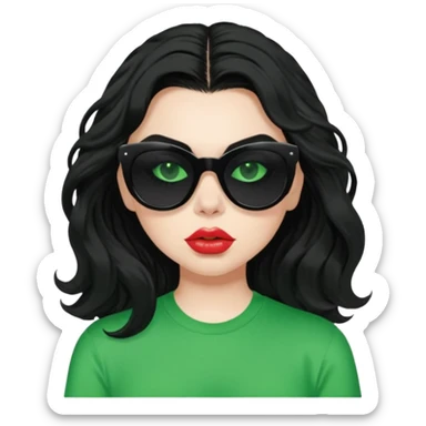 current charli xcx with her long black wavy hair, thick black out sunglasses, pale skin, closed pouting lips, and a bright green top that said brat in the brat font. sticker