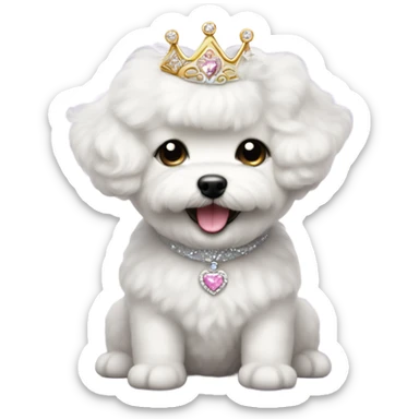A happy, cute and fluffy Bichon Frise puppy wearing a princess tiara  sticker