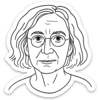 a hand drawn black outline portrait of philosopher Catherine Larrère with similar-sized eyes based a famous portrait of her sticker