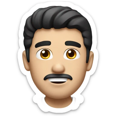White dude with black hair and brown eyes, awkward face and shrugging with AirPods in his ears sticker