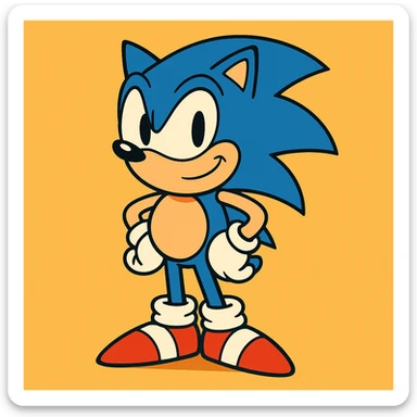 Sonic the Hedgehog, standing with a confident smile, red shoes, cartoon style sticker