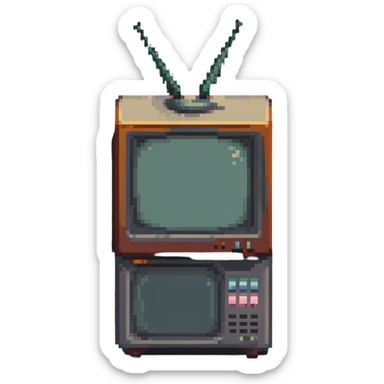 Pixelated old CRT television with knobs and antenna sticker