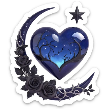 gothic heart, midnight blue glass, silver crescent moon, black roses, stardust, lightning, rain, cracked glass, minimal style sticker