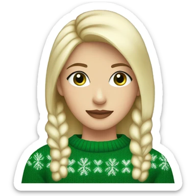 Short haired blonde girl with green eyes drinking coffee wearing Christmas sweater sticker