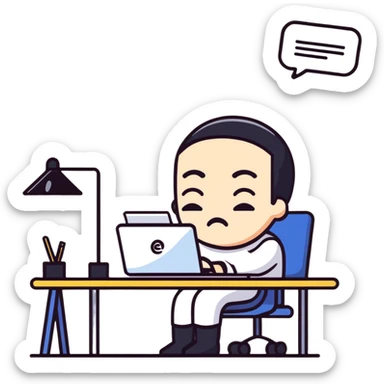 Person taking a deep breath with eyes closed, sitting at desk with email notification on screen sticker