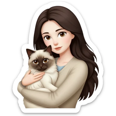 Beautiful woman long dark brown hair, pale skin, dark brown eyes,  hug birman cat sticker