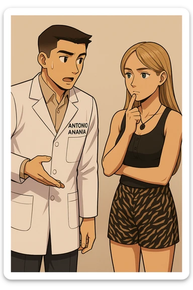 fai un webtoon/manga a colori con questo kinesiologo in camice bianco (fagli la scritta "ANTONIO ANANIA" SUL CAMICE) CHE PARLA CON QUESTA RAGAZZA CON GLI OCCHI AZZURRI. la ragazza HA UN DITO SUL MENTO MENTRE PENSIEROSA gli fa una domanda e IL KINESIOLOGO CON IL CAMICE BIANCO LE risponde. NON FARE I FUMETTI, FAI SOLO LORO COME SE DIALOGASSERO sticker
