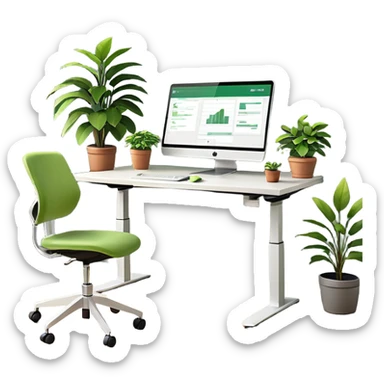 An ergonomic office setup with a height-adjustable desk and a large flat monitor on top. Next to it, a modern ergonomic swivel chair with supportive backrest, and a small potted plant placed on the desk or floor to add a healthy touch sticker