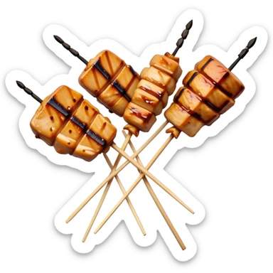 Cinematic Realistic Yakitori Dish Emoji, depicted as skewered, grilled chicken pieces with a charred finish rendered with crisp textures and appetizing, natural lighting. sticker