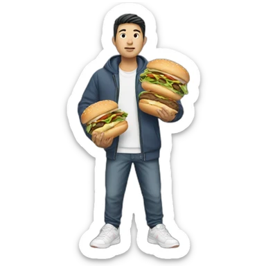 an asian man holding two burgers wearing sneakers sticker