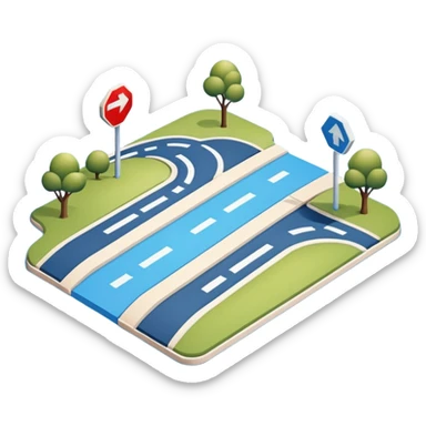 
A 3D minimal icon showing a street route with a clear path, blue road with white markings, in a clean, minimal 3D style and a transparent background. sticker