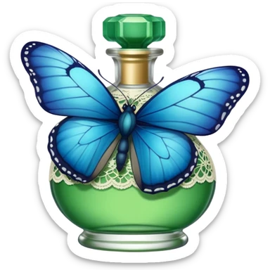 small blue butterfly sitting on the rim of a lace-edged green perfume bottle sticker