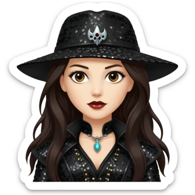 Van Helsing from Dracula with long dark brown hair, black sequin outfit sticker