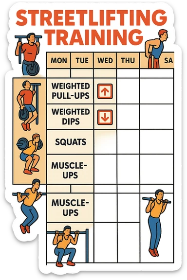 a streetlifting training sheet with icons for each exercise—weighted pull-ups, weighted dips, squats, muscle-ups—organized in a weekly schedule. Around the sheet, small illustrations show athletes performing each movement with proper form. The color palette is bold and energetic, and the background is clean and minimal. sticker