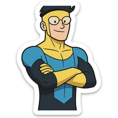 invincible superhero in blue and black suit with yellow details arms crossed cartoon style sticker
