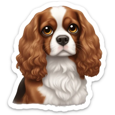 One smaller Blenheim Cavalier and one slightly larger black and brown cavalier with heart eyes sticker