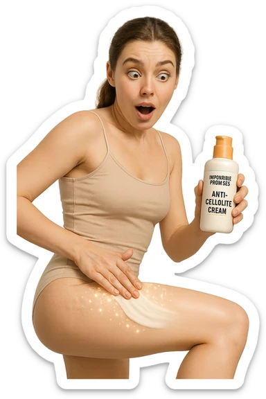 Woman applying expensive anti-cellulite cream to her thighs, dimpled skin smoothing out instantly like magic eraser effect, expression of amazement as orange peel texture vanishes before her eyes, bottle labeled with impossible promises, cellulite dissolving in real-time waves, skin becoming porcelain smooth through cosmetic sorcery sticker
