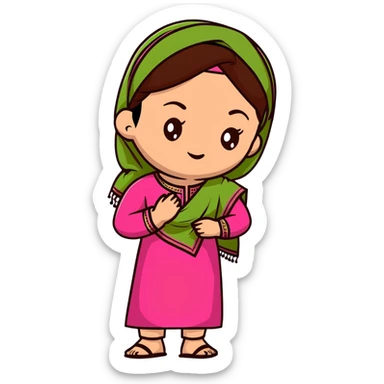 girl with light wheatish skin, dark brown hair, wearing dark pink kurti with sage green dupatta on head sticker