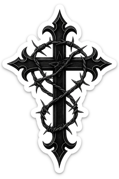 gothic style black goth cross with barbed wire sticker