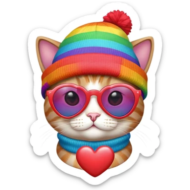 cat wearing a rainbow beanie and heart-shaped sunglasses sticker