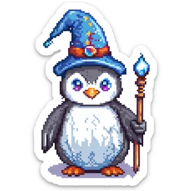 pixel art penguin wizard with a wand and wizard hat sticker
