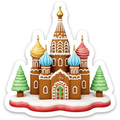 Apple style 3D emoji of a gingerbread house shaped like Saint
Basil's Cathedral. Detailed icing patterns, colorful candy domes, dusting of powdered sugar as snow. Warm cookie texture, cute 3D render, isolated on a white background, festive look. sticker