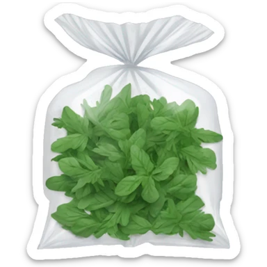 small plastic pack with green dried herbal leaves which are clumped together  sticker